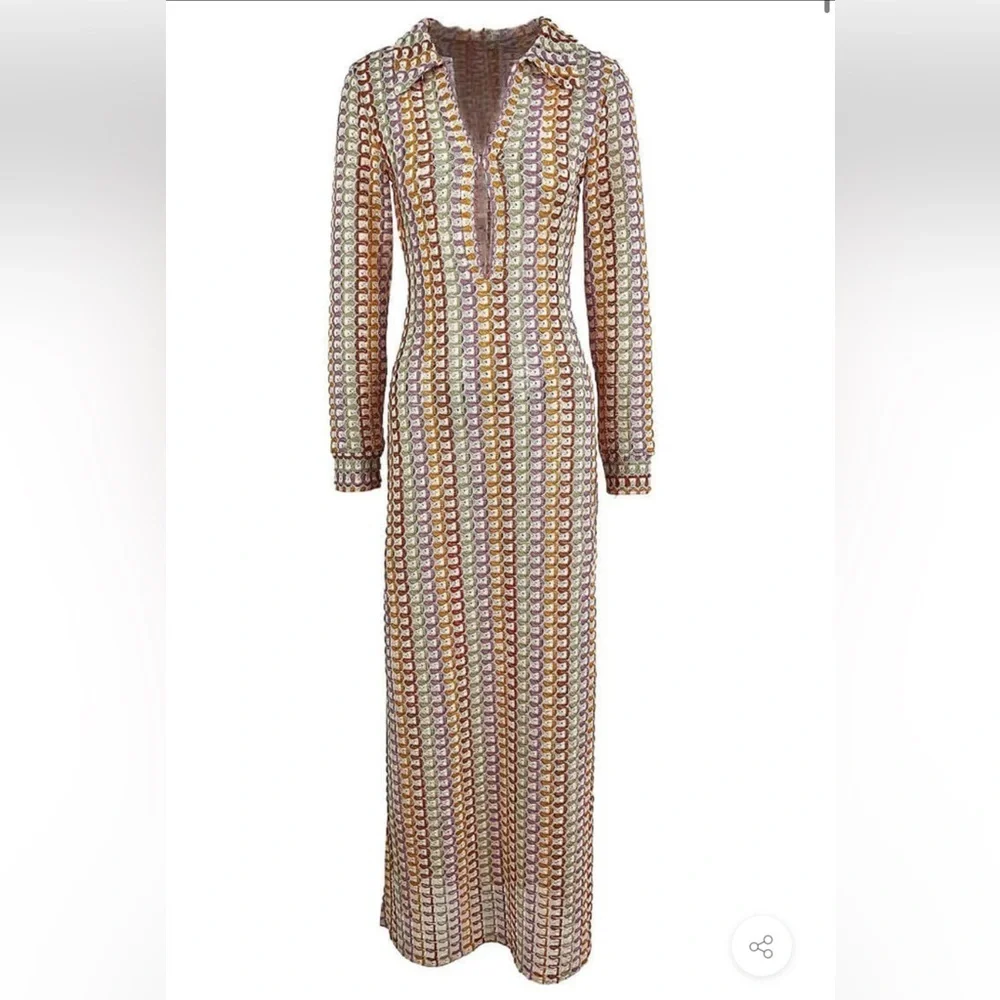 V-neck Collared Crochet Dress BOHO SPLIT WAVY STRIPED BEACH
VACATION MAXI - Picture 4 of 8